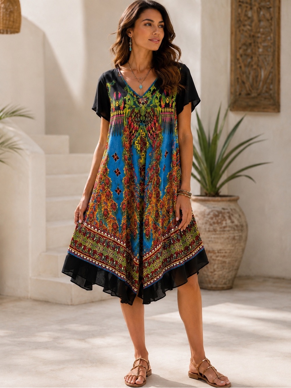 Somya Collection Colorful Peacock Dress Short Sleeve